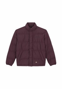 Giacca puffer bordeaux con colletto rialzato, chiusura con zip, polsini elasticizzati e tasche laterali. Realizzata in materiale trapuntato e leggero.