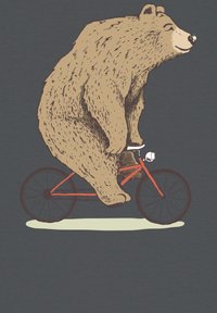 Beerillustratie die op een rode fiets rijdt, met een bruin vachttextuur, gedetailleerde gelaatskenmerken en een zilveren fietsbel tegen een donkere achtergrond.