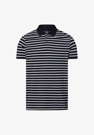 Poloshirt mit navy- und weißen Horizontalstreifen, kurzen Ärmeln, geripptem Kragen und Knopfleiste mit drei Knöpfen. Aus weichem Baumwollmaterial.