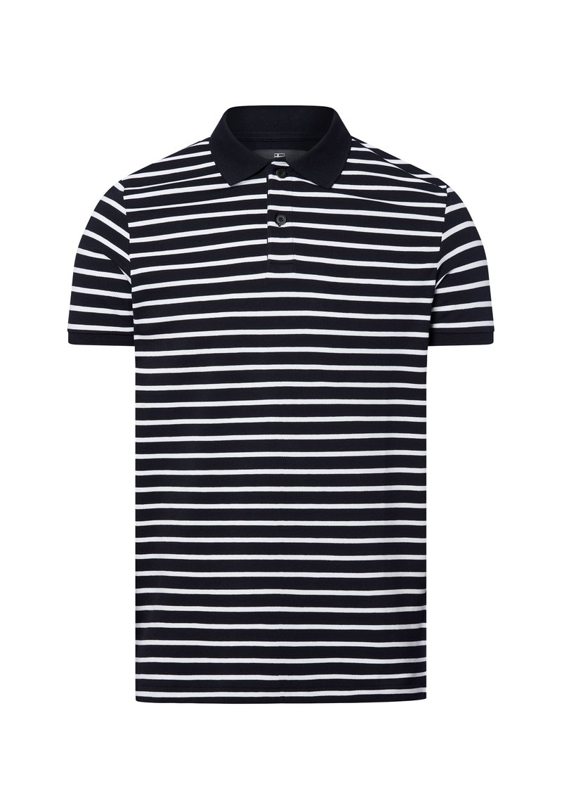 Poloshirt mit navy- und weißen Horizontalstreifen, kurzen Ärmeln, geripptem Kragen und Knopfleiste mit drei Knöpfen. Aus weichem Baumwollmaterial.