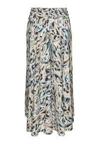 Midi-Rock mit einem elastischen,smocked Bund, der mit einem mehrfarbigen, abstrakten Leopardenmuster in Beige-, Blau- und Brauntönen verziert ist. Leichter Stoff.