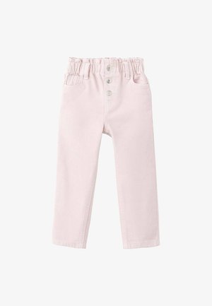 Jasnoróżowe dziecięce spodnie z elastyczną talią, trzema guzikami z przodu, szlufkami na pasek i przednimi kieszeniami, ułożone płasko na białym tle.