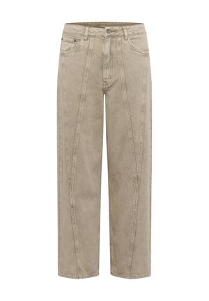 Beige Jeans mit weitem Bein, hoher Taille, vorderer Knopfleiste, Reißverschluss und vertikalen Nahtdetails an den Beinen.