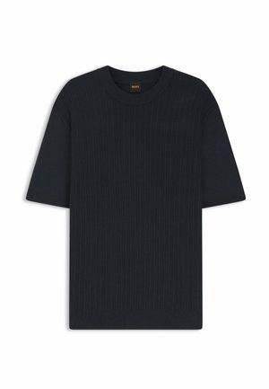 Schwarzer Kurzarm-Strickpullover mit Rippenmuster und rundem Ausschnitt, versehen mit einem kleinen Etikett am Kragen hinten.