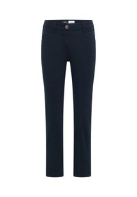 Pantalon slim pour femmes bleu marine avec fermeture boutonnée, passants pour ceinture, et poches avant et arrière, présenté sur un fond blanc.