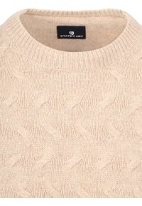 Beige knitted sweater featuring a cable knit pattern, round neckline, and ribbed trim at the collar. Label reads "STATE of ART."