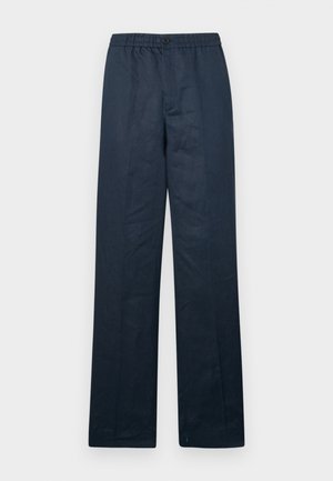 Tamsiai mėlynos lininės kelnės su laisvu kirpimu, elastinga juosmeniu ir vienu mygtuku. Sukurtos su tiesiomis kojomis ir minimalia tekstūra.