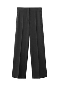 Pantalons larges gris foncé en tissu texturé, avec une taille plate, deux poches avant et des détails plissés.
