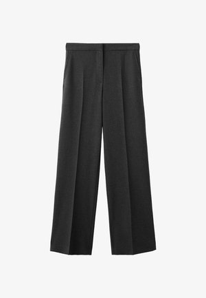 Dark gray wide-leg trousers made from a textured fabric, featuring a flat waistband, two front pockets, and pleated detailing.