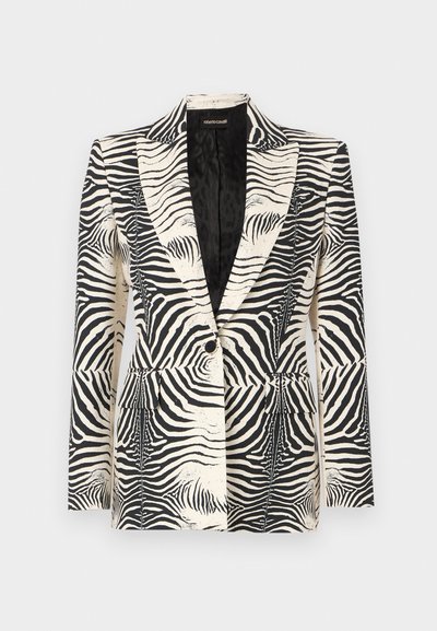 Triibuline bleiser, millel on struktureeritud disain, ühe nupuga kinnitamine ja kaks esikotti, valmistatud siledast ja kergest kangast.