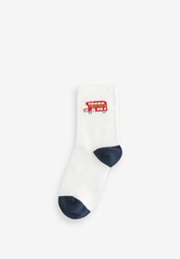 Weißer Socke mit navyblauer Ferse und Spitze. Besitzt einen gestickten roten Doppeldeckerbus mit dem Wort "London" in Gelb. Weicher, gerippter Stoff.