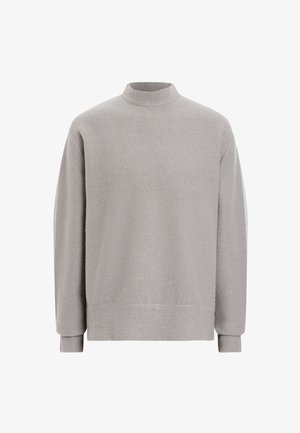 Hellgrauer Sweatshirt mit hoher Kragen, lockerer Passform, fallenden Schultern und strukturierter Stoff. Gerippte Bündchen und Saum.