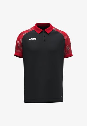 Polo nera con maniche e colletto rossi a motivo, dotata di patta con tre bottoni e logo JAKO bianco sul petto alto.
