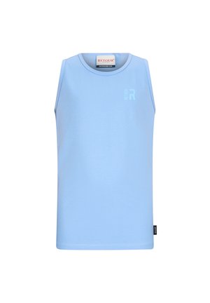 Jasnoniebieski bezrękawnik z okrągłym dekoltem, małym logo "Retour" na piersi oraz metką z logo marki na dolnym boku szwu.