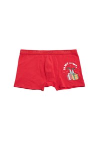 Boxer shorts de algodón rojos con un diseño gráfico que muestra el texto "¡NO SOY UN PAPÁ NOEL!" y una ilustración colorida de un regalo en la parte frontal.