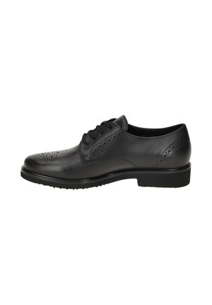 Schwarze Leder-Dressschuhe mit perforiertem Design an der Zehe und an den Seiten, runder Form, Schnürverschluss und flacher Gummisohle.