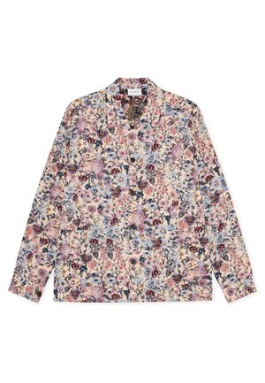 Μπλούζα με μακριά μανίκια σε ανοιχτό εκρού χρώμα με πολύχρωμο τύπωμα που περιλαμβάνει μπλε, ροζ και κόκκινες λουλούδια· με γιακά και κουμπιά.