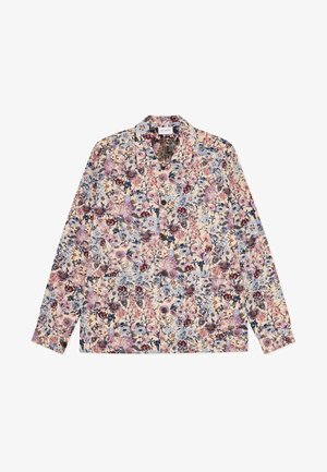 Bluzka z długim rękawem w kwiaty w jasnym kremowym kolorze z wielokolorowym nadrukiem przedstawiającym niebieskie, różowe i czerwone kwiaty; z kołnierzykiem i guzikiem.