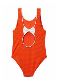 Maillot de bain orange à pois, découpe ronde à l'avant, détail de nœud blanc et bord contrastant blanc autour du col et des emmanchures.