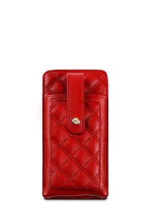 Red leather wallet with a quilted pattern, featuring a front flap and gold snap closure. Compact design with smooth texture.