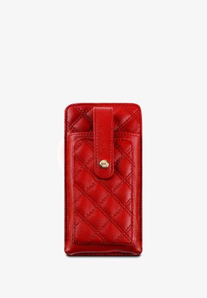 Red leather wallet with a quilted pattern, featuring a front flap and gold snap closure. Compact design with smooth texture.
