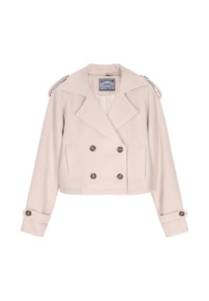 Dubultā krūšu īsā jakas gaismas beisga auduma. Piemīt lielas, apaļas pogas, plašie apkakles, plecu sarga detaļas un ruļļotas piedurknes.