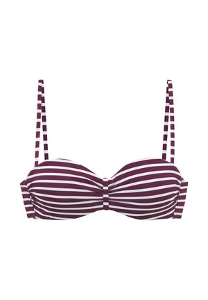 Bikini zgornji del v barvi bordo in bele barve z vodoravnimi črtami, tankimi nastavljivimi trakovi in gubanim detajlom na sredini.