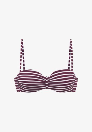 Bordeauxrood-wit horizontaal gestreept bikinitopje met dunne verstelbare bandjes en gerimpeld detail in het midden.