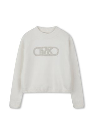 Weißer gestrickter Pullover mit rundem Halsausschnitt, langen Ärmeln und verkürztem Schnitt. Besitzt ein strukturiertes Logo-Design in der Mitte.