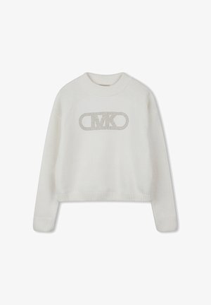 Pull en maille blanc avec un col rond, des manches longues et une coupe courte. Il présente un design de logo texturé au centre.