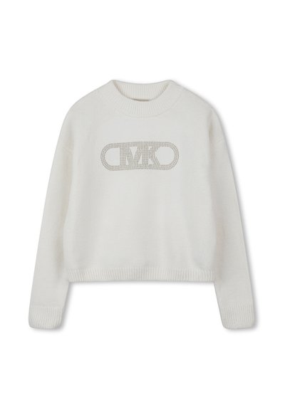 Witte gebreide trui met een ronde halslijn, lange mouwen en een cropped fit. Heeft een gestructureerd logo-ontwerp in het midden.