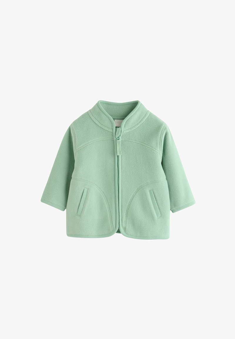 Mintgrön fleecejacka med hög krage, framdragkedja, två sidfickor och avslappnad passform. Slät textur och sömlös design.