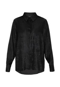 Schwarzes Langarmshirt aus glattem Stoff, mit durchgehender Knopfleiste, klassischem Kragen und leicht geschwungenem Saum.