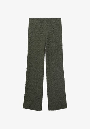 Zelene široke hlače iz teksturirane tkanine s gubanim zaključkom. Ravni pas in zasnova do polnog dolžine.