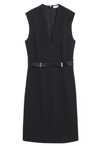 Schwarzes ärmelloses Kleid mit tiefem V-Ausschnitt und taillierter Silhouette. Enthält einen schwarzen Gürtel mit goldenen Beschlägen in der Taille. Glatte Stofftextur.