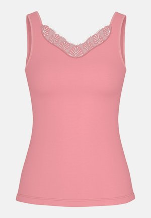 Rosa Tanktop mit V-förmigem Spitzen-Ausschnitt. Der Stoff ist glatt und dehnbar, mit nahtlosem Design für Komfort.