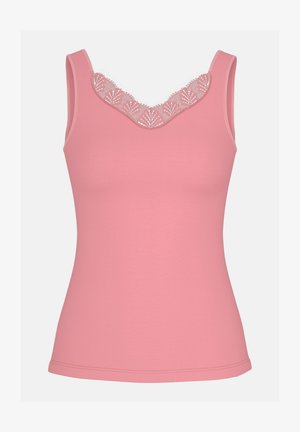 Débardeur rose avec un décolleté en dentelle en forme de V. Le tissu est lisse et extensible, avec un design sans coutures pour plus de confort.