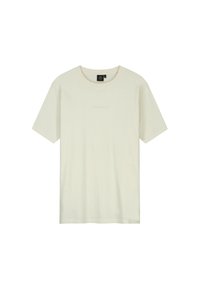 Korte mouwen crème T-shirt van zacht katoen. Heeft een geribbelde ronde hals en subtiele "TOMORROWLAND" tekst op de voorkant.