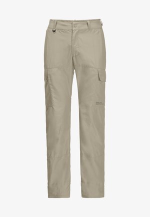 Pantalons cargo beiges en tissu léger, dotés de poches latérales, d'une coupe droite et d'une taille avec passants de ceinture.