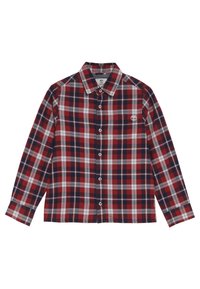 Czerwona i niebieska koszula w kratę z długim rękawem, wykonana z bawełny, z kołnierzykiem na guziki, zapinana z przodu na guziki oraz z kieszenią na piersi.