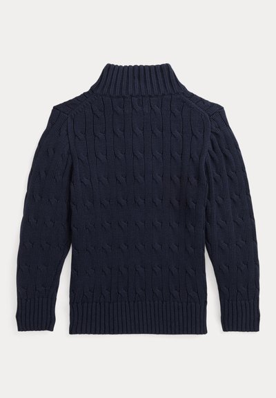 Marineblauer Pullover mit Zopfmuster, langen Ärmeln, gerippten Bündchen, geripptem Saum und hohem geripptem Rollkragen.