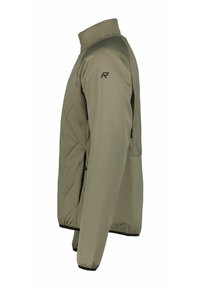 Chaqueta aislante de color verde oliva con un alto cuello, detalles en negro, patrón acolchado, puños elásticos y un logo en el hombro.