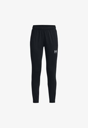 Čierne športové nohavice s elastickým pásom, zúženými nohavicami a malým bielym logom na dolnej strane. Vyrobené z hladkej, jemnej tkaniny.