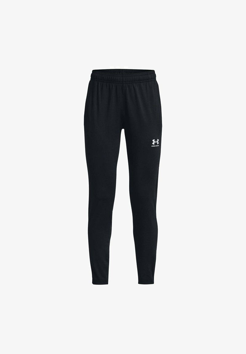 Zwarte sportbroeken met een elastische tailleband, taps toelopende benen en een klein wit logo aan de onderkant. Gemaakt van een gladde, zachte stof.