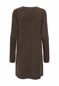 Robe-pull marron en maille côtelée à manches longues, col ras du cou et ourlet droit, vue de dos sur un fond blanc uni.