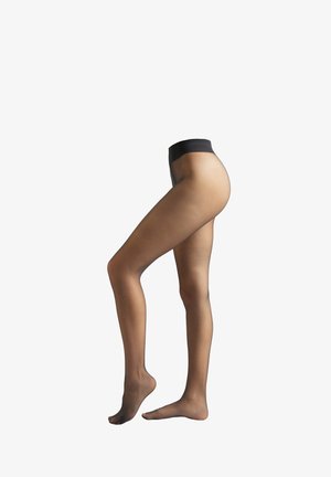 Durchsichtige schwarze Strumpfhosen mit einem breiten, einfarbigen schwarzen Bund, glatter Textur und einem enganliegenden Design, das die Beine in einer Seitenansicht zeigt.