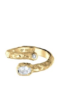 Inel placat cu aur cu un finisaj texturat, având o piatră prețioasă ovală clară și un accent mic rotund cu o piatră clară. Marcaj 925 Ag.