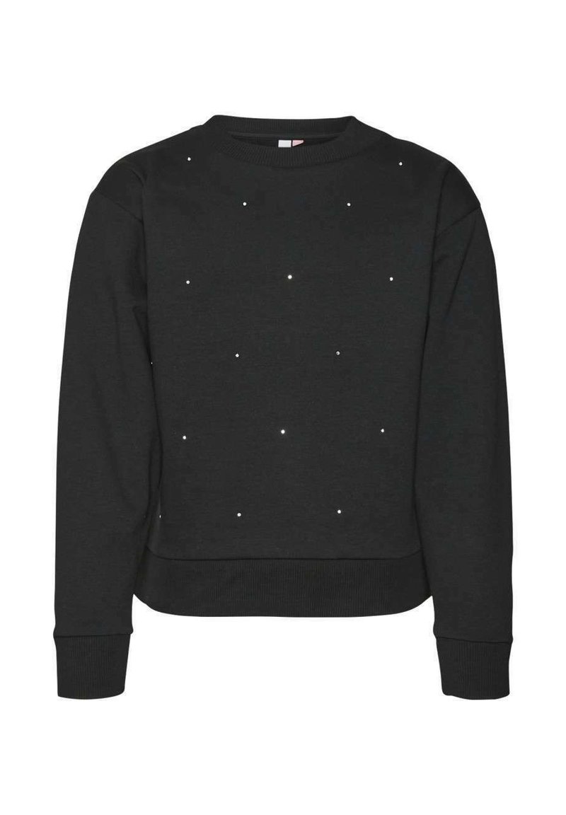 Sweatshirt noir à col rond, avec une texture douce et orné de clous métalliques dispersés sur le devant. Coupe standard.