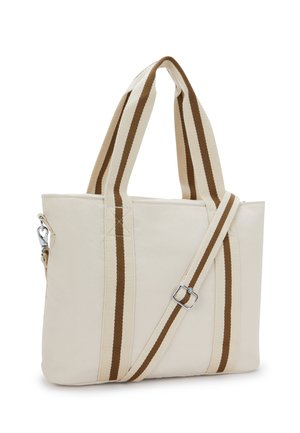 Beige rectangular tote bag with double brown-striped handles and an adjustable matching shoulder strap.