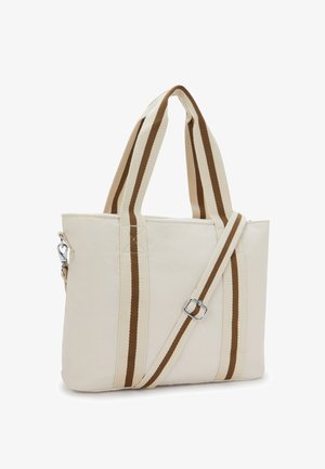Beige rectangular tote bag with double brown-striped handles and an adjustable matching shoulder strap.